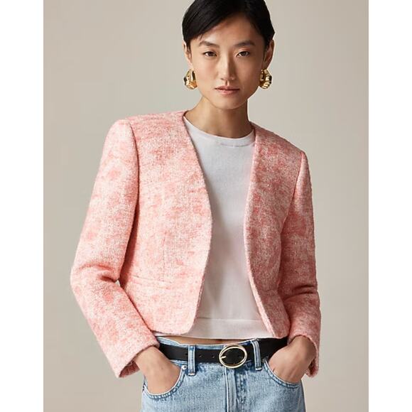 J.Crew Collarless Jacket Italian Tweed Pink Open Cropped Preppy Classic US 0 NWT - Picture 1 of 11